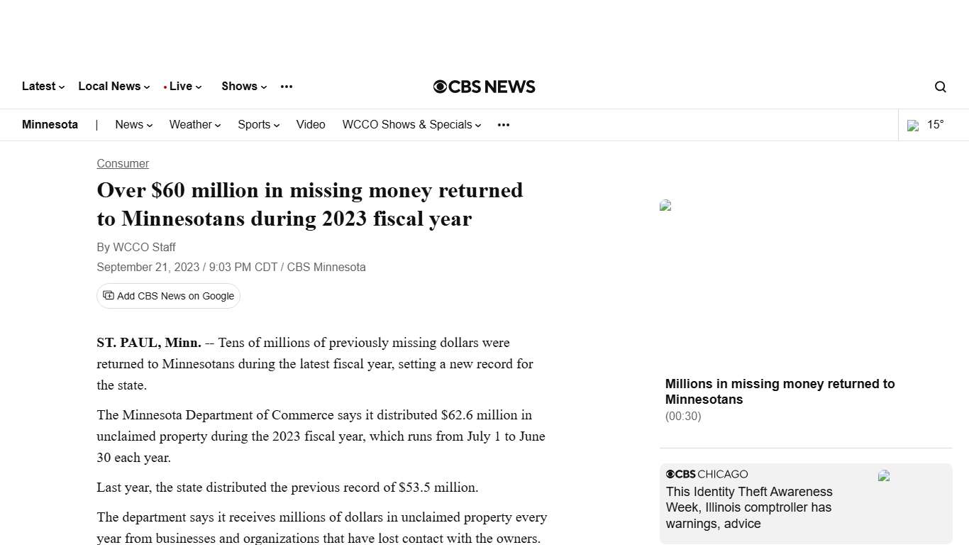 Over $60 million in missing money returned to Minnesotans during 2023 fiscal year - CBS Minnesota